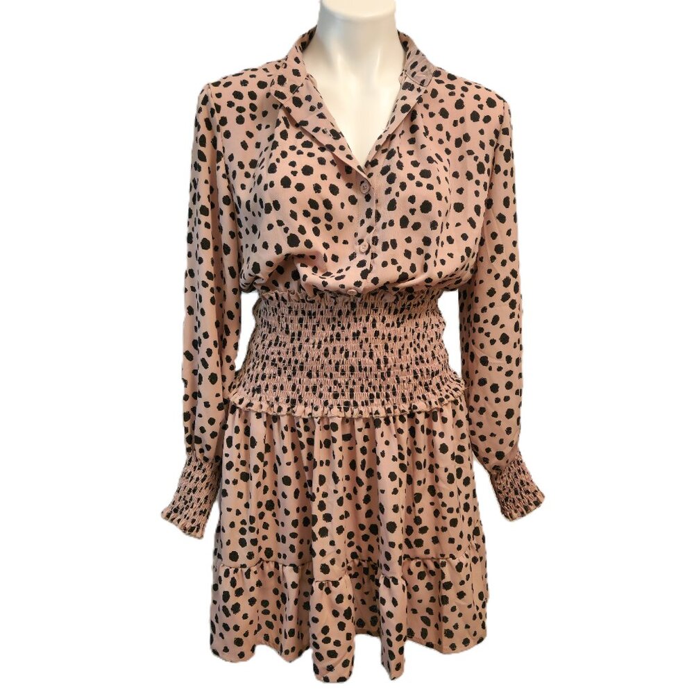 ❤️ 4/$20 Cheetah leopard dress Women's medium Pink black polka dots Shirring